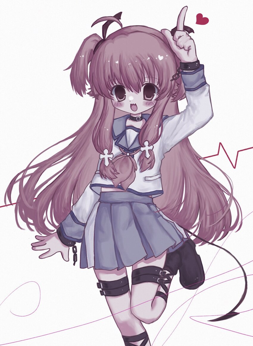 1girl angel_beats! arm_up belt belt_collar black_belt black_boots blue_skirt blush boots chain collar cross_hair_ornament cuffs deformed demon_tail dot_nose fang hair_ornament heart heartbeat highres imydestination index_finger_raised long_hair neckerchief open_mouth red_eyes red_hair red_neckerchief school_uniform shackles shirt sidelocks simple_background skin_fang skirt smile solo standing standing_on_one_leg tail thigh_strap two_side_up very_long_hair white_background white_shirt yui_(angel_beats!)