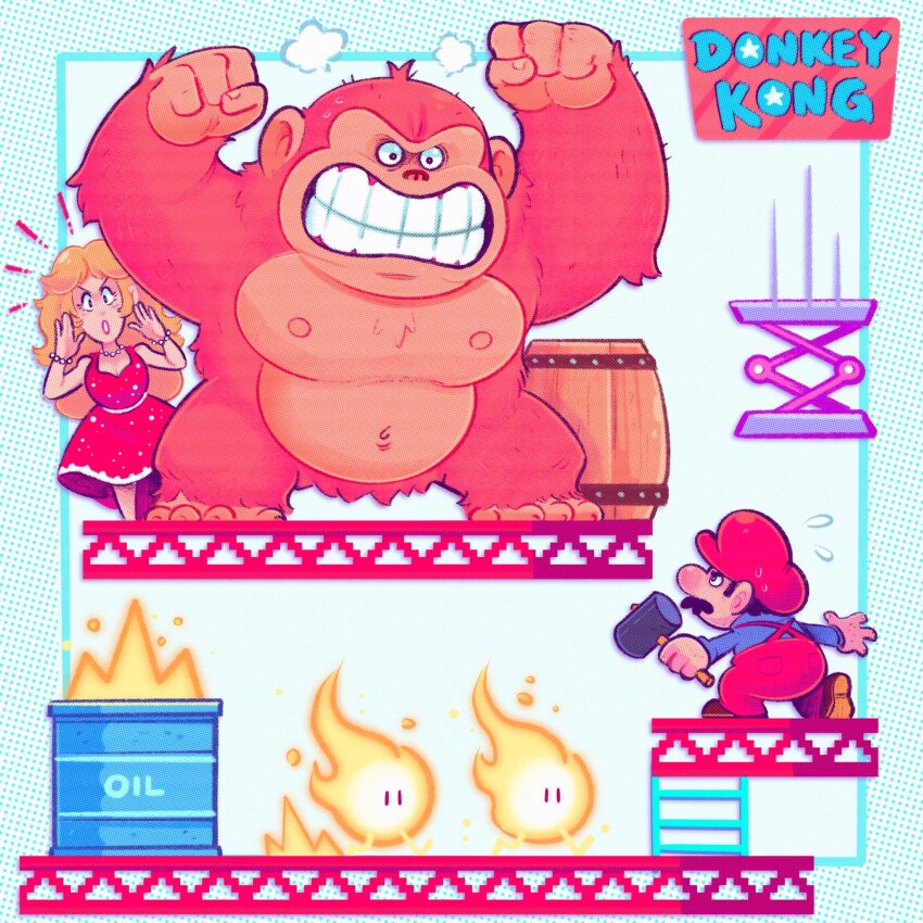 1girl 2boys angry ape barrel blonde_hair commentary donkey_kong donkey_kong_(1981_game) donkey_kong_(series) dress english_commentary facial_hair fire fireball_(donkey_kong) gloves hammer hat highres jewelry ladder long_hair mario mario_(series) mostlyghostly multiple_boys mustache nintendo oil_can oil_drum_(donkey_kong) overalls pauline_(mario) red_dress red_hat red_overalls short_hair spring_(object) title white_gloves