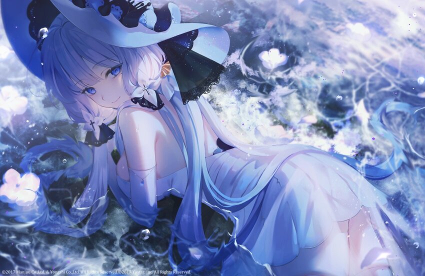 1girl achiki azur_lane backless_dress backless_outfit bare_back bare_shoulders blue_gemstone breasts closed_mouth cross dress elbow_gloves flower gem gloves hair_flower hair_ornament hat illustrious_(azur_lane) large_breasts light_smile looking_at_viewer looking_back low_twintails lying mole mole_under_eye official_art on_stomach purple_eyes smile twintails white_dress white_flower white_gloves white_hair white_hat