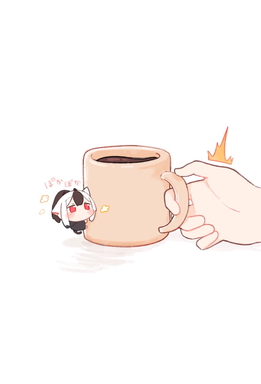 1girl black_hair blue_archive blush chibi commentary_request cup hair_between_eyes highres holding holding_cup kayoko_(blue_archive) long_hair multicolored_hair no_mouth out_of_frame red_eyes solo_focus tail translation_request two-tone_hair urode white_background white_hair