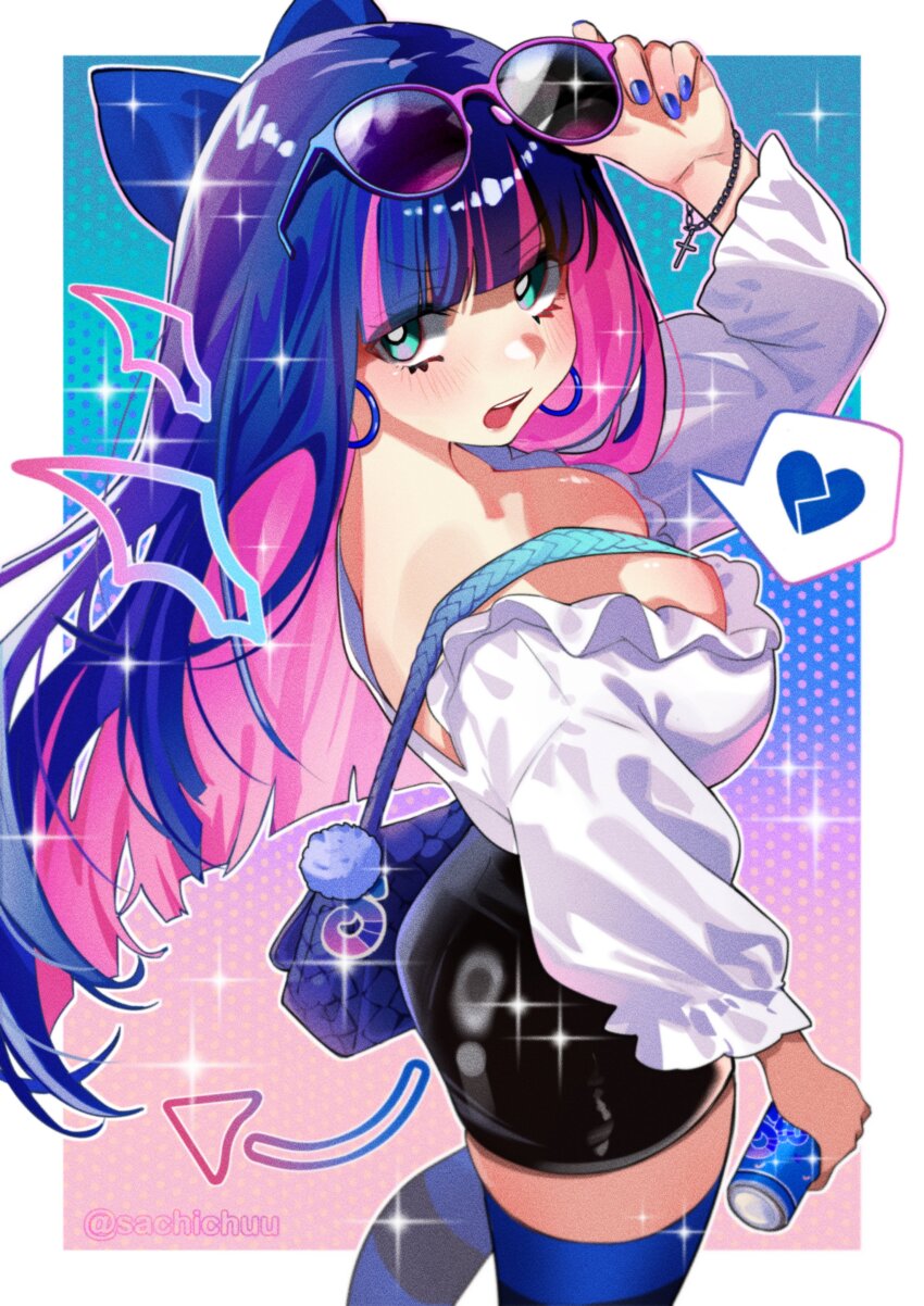 1girl absurdres adjusting_eyewear alternate_costume aqua_background aqua_bag aqua_eyes back bag between_breasts black_skirt blue-tinted_eyewear blue_bag blue_bow blue_nails blue_thighhighs blush bow bracelet breasts broken_heart can colored_inner_hair commentary cross_bracelet earrings english_commentary eyewear_on_head fingernails glitter gradient_background hair_bow handbag heart highres holding holding_can hoop_earrings jewelry large_breasts long_hair long_sleeves looking_back multicolor-tinted_eyewear multicolored_hair nail_polish open_mouth panty_&amp;_stocking_with_garterbelt pink-tinted_eyewear pink_background pink_hair pink_lips polka_dot polka_dot_background purple_hair sachichuu shirt skirt solo spoken_heart stocking_(psg) strap_between_breasts streaked_hair striped_clothes striped_thighhighs sunglasses teeth thighhighs thighs tinted_eyewear twitter_username two-tone_hair upper_teeth_only white_shirt