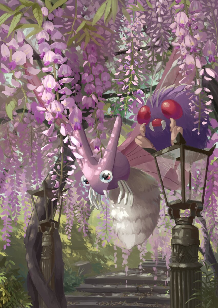 absurdres animal_focus broken_glass commentary day evolutionary_line gen_1_pokemon glass highres king_joe_(neoroto) nintendo no_humans outdoors pokemon pokemon_(creature) purple_fur red_eyes sitting stairs tree tusks venomoth venonat