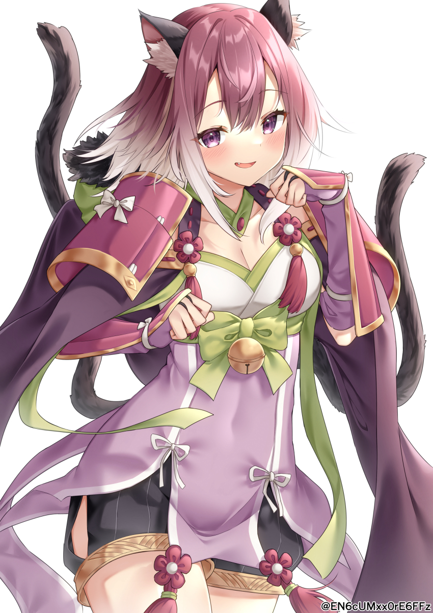 1girl absurdres animal_ear_fluff animal_ears blush breasts cat_ears cat_tail cleavage commentary covered_navel hair_between_eyes highres medium_breasts medium_hair multicolored_hair multiple_tails pink_hair princess_connect! purple_eyes solo tail tamaki_(princess_connect!) twitter_username two-tone_hair two_tails white_background yamano_rokamizu