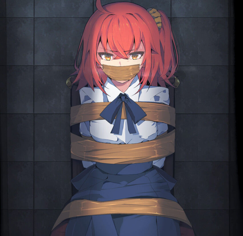 ahoge artoria_pendragon_(fate) blue_bow blue_skirt bound bow cosplay fate/grand_order fate_(series) fujimaru_ritsuka_(female) fujimaru_ritsuka_(female)_(anniversary_blonde) gag gagged highres improvised_gag kidnapped legion_(fox3498) looking_at_viewer orange_eyes orange_hair orange_scrunchie saber_(fate) saber_(fate)_(cosplay) scrunchie shirt side_ponytail skirt tape tape_gag tied_to_chair tied_up_(nonsexual) white_shirt
