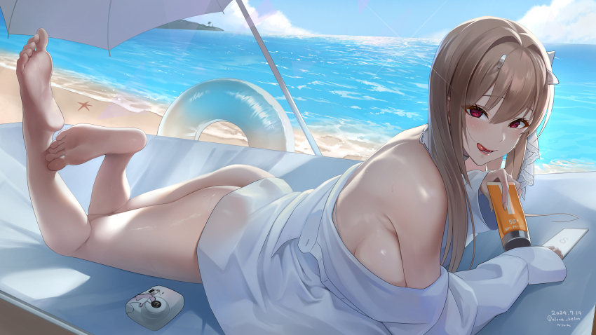 1girl :q absurdres alone_belm arm_support artist_name ass bare_legs bare_shoulders barefoot beach beach_umbrella bikini blue_sky blush breasts brown_hair camera cellphone chair cloud collar commentary_request dated day feet_up fingernails full_body goddess_of_victory:_nikke hair_between_eyes hair_ribbon halterneck hands_up highres holding horns innertube large_breasts long_hair long_sleeves looking_at_viewer lotion lotion_bottle lounge_chair lower_teeth_only lying mole mole_under_eye ocean off_shoulder official_alternate_costume on_stomach open_clothes open_shirt outdoors palm_tree parted_lips phone pink_eyes ribbon see-through_clothes shade shirt sky sleeves_past_wrists smartphone smile soles solo starfish sunscreen sweat swim_ring swimsuit teeth the_pose toes tongue tongue_out tree twitter_username umbrella viper_(nikke) viper_(shine_of_love)_(nikke) white_bikini white_collar white_ribbon white_shirt
