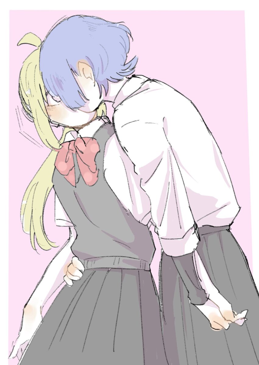 2girls ahoge blonde_hair blue_hair blush bocchi_the_rock! from_behind grabbing_another&#039;s_hand grabbing_from_behind highres ijichi_nijika kiss long_hair multiple_girls pink_background short_hair simple_background sui_sei_643 torso_grab yamada_ryo yuri