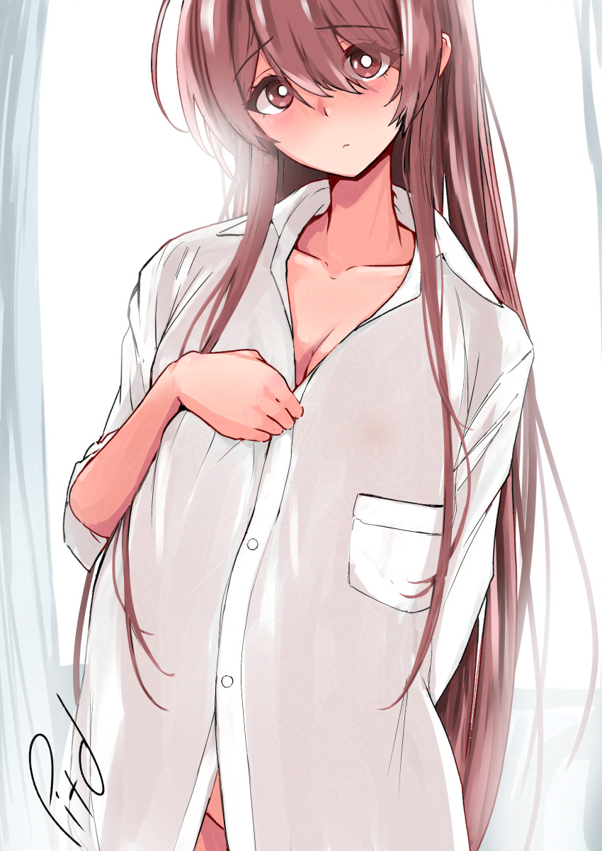 1girl absurdres blush breasts bright_pupils brown_hair cleavage collarbone commentary_request groin highres idolmaster idolmaster_shiny_colors long_hair looking_at_viewer naked_shirt osaki_tenka p.i.t.d see-through_silhouette shirt signature solo straight_hair very_long_hair white_pupils