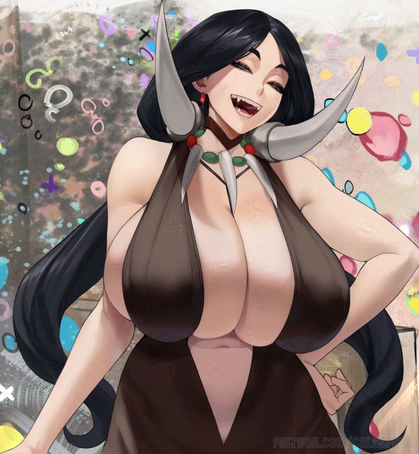 1girl alternate_breast_size_(larger) alternate_costume black_hair breasts bursting_breasts cleavage drasna_(pokemon) dress earrings fangs gabriel_carrasquillo grey_eyes half-closed_eyes hand_on_own_hip highres huge_breasts jewelry long_hair looking_at_viewer navel necklace nintendo open_mouth plunging_neckline pokemon pokemon_xy sagging_breasts sideboob snile solo squinting upper_body