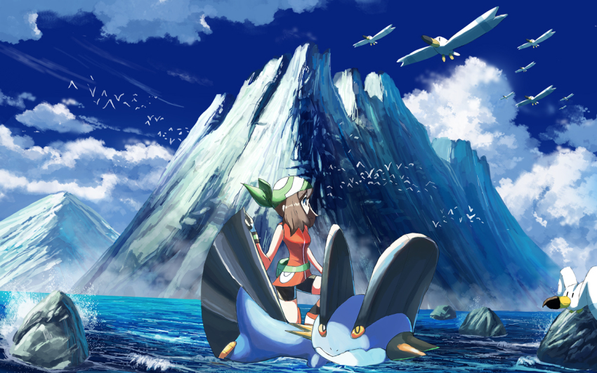 1girl bandana bike_shorts bird black_legwear brown_hair cloud commentary_request day gen_3_pokemon gloves green_bandana long_hair looking_to_the_side may_(pokemon) may_(pokemon_emerald) nintendo outdoors pokemon pokemon_(creature) pokemon_emerald pokemon_rse riding riding_pokemon rowdon sky sleeveless socks swampert water wingull wristband