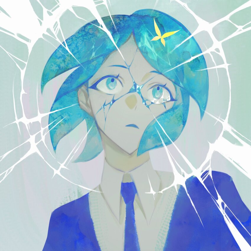 1other androgynous aqua_eyes aqua_hair commentary cracked_skin crystal_hair english_commentary gem_uniform_(houseki_no_kuni) grey_background highres houseki_no_kuni kgynh looking_up necktie other_focus phosphophyllite short_hair solo upper_body worried
