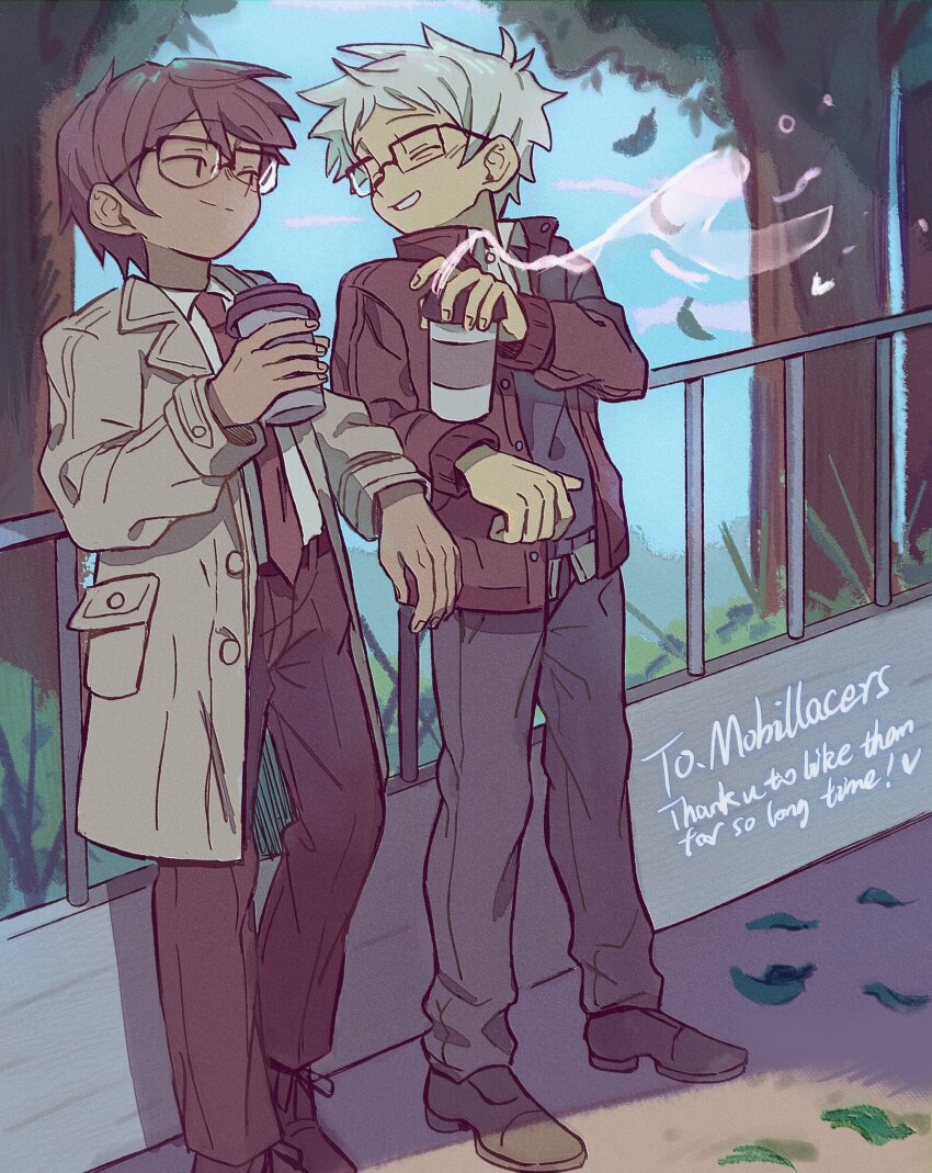 2boys absurdres aged_up black_pants black_shoes blue_sweater brown_coat closed_eyes coat commentary couple cup disposable_coffee_cup disposable_cup english_text engrish_text future_wallace_wells glasses grey_hair grin hashtag-only_commentary highres holding holding_cup leaf male_focus mature_male mobile_(scott_pilgrim) multiple_boys necktie open_clothes open_coat outdoors pants ranguage red_necktie scott_pilgrim_(series) scott_pilgrim_takes_off shirt shoes short_hair smile standing sweater tree trench_coat wallace_wells white_shirt xxyang4747 yaoi