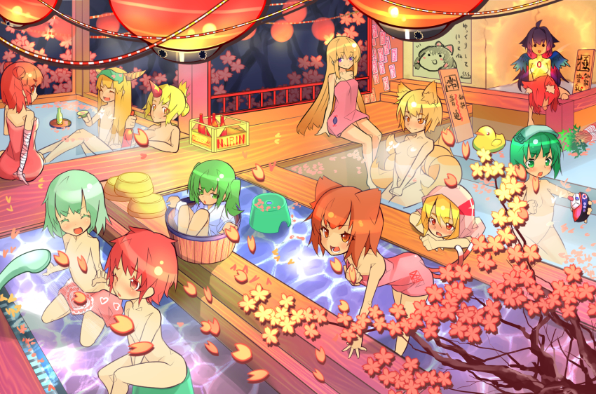 6+girls :d alcohol animal_ears arm_support bad_id bad_pixiv_id bandaged_arm bandages basket bathhouse black_eyes black_hair black_wings blonde_hair blush bottle bow breasts cat_ears cat_tail censored censored_nipples character_check chen cherry_blossoms colored_eyelashes convenient_censoring double_bun drinking dying feathered_wings fox_ears fox_tail green_eyes green_hair hair_bow hair_up hakurei_reimu highres horns hoshiguma_yuugi ibaraki_kasen indoors japanese_clothes kaenbyou_rin kisume komeiji_koishi komeiji_satori lantern large_breasts leaning_forward long_hair looking_at_another looking_at_viewer looking_back looking_to_the_side multiple_girls multiple_tails naked_towel naomoto nekomata nude one_eye_closed open_mouth orange_hair paper_lantern partially_submerged petals pink_eyes pink_hair poster_(object) bathhouse purple_eyes radiation red_eyes red_hair reiuji_utsuho rumia sake seiza short_hair short_twintails showering siblings single_horn sisters sitting small_breasts smile steam tail talismans third_eye tokkuri tongue tongue_out touhou towel towel_on_head traditional_clothes translation_request tree twintails wings wooden_floor wooden_wall wriggle_nightbug yakumo_ran yakumo_yukari yukkuri_shiteitte_ne