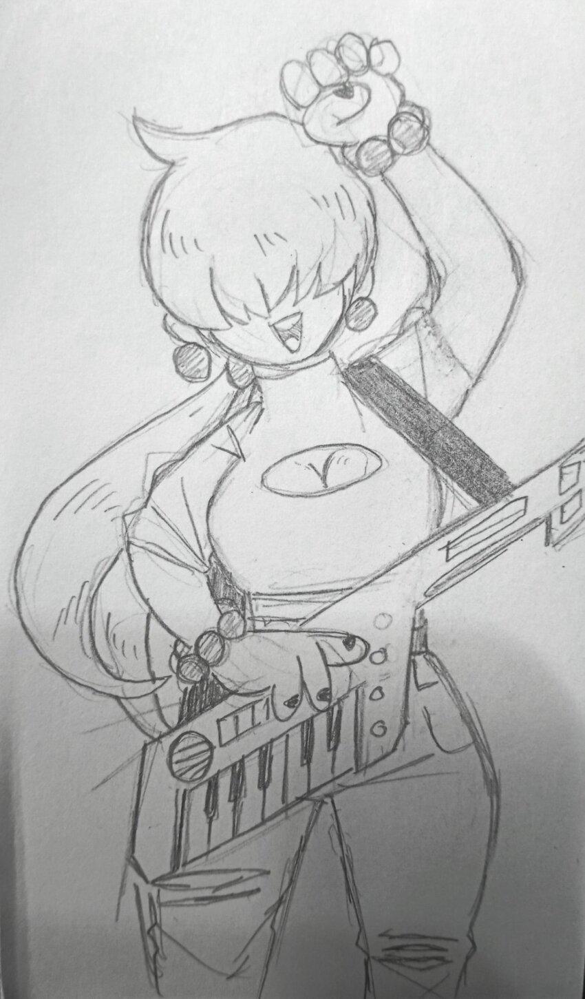 1girl 1shermieaday breasts cleavage earrings female_focus guitar highres instrument jewelry large_breasts long_hair musical_staff open_mouth pants piano piano_keys ponytail shermie_(kof) smile smiley_face standing the_king_of_fighters thick_thighs thighs twintails wide_hips