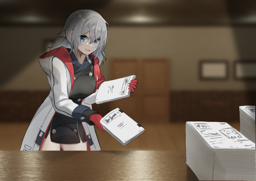 1girl azur_lane black_dress blue_eyes blurry blurry_background breasts coat commission cowboy_shot denver_(azur_lane) door dress from_side gloves grey_hair highres holding holding_paper indoors j_yak47 long_sleeves looking_at_viewer medium_hair open_clothes open_coat open_mouth paper red_gloves short_twintails skeb_commission solo standing sweatdrop table twintails white_coat