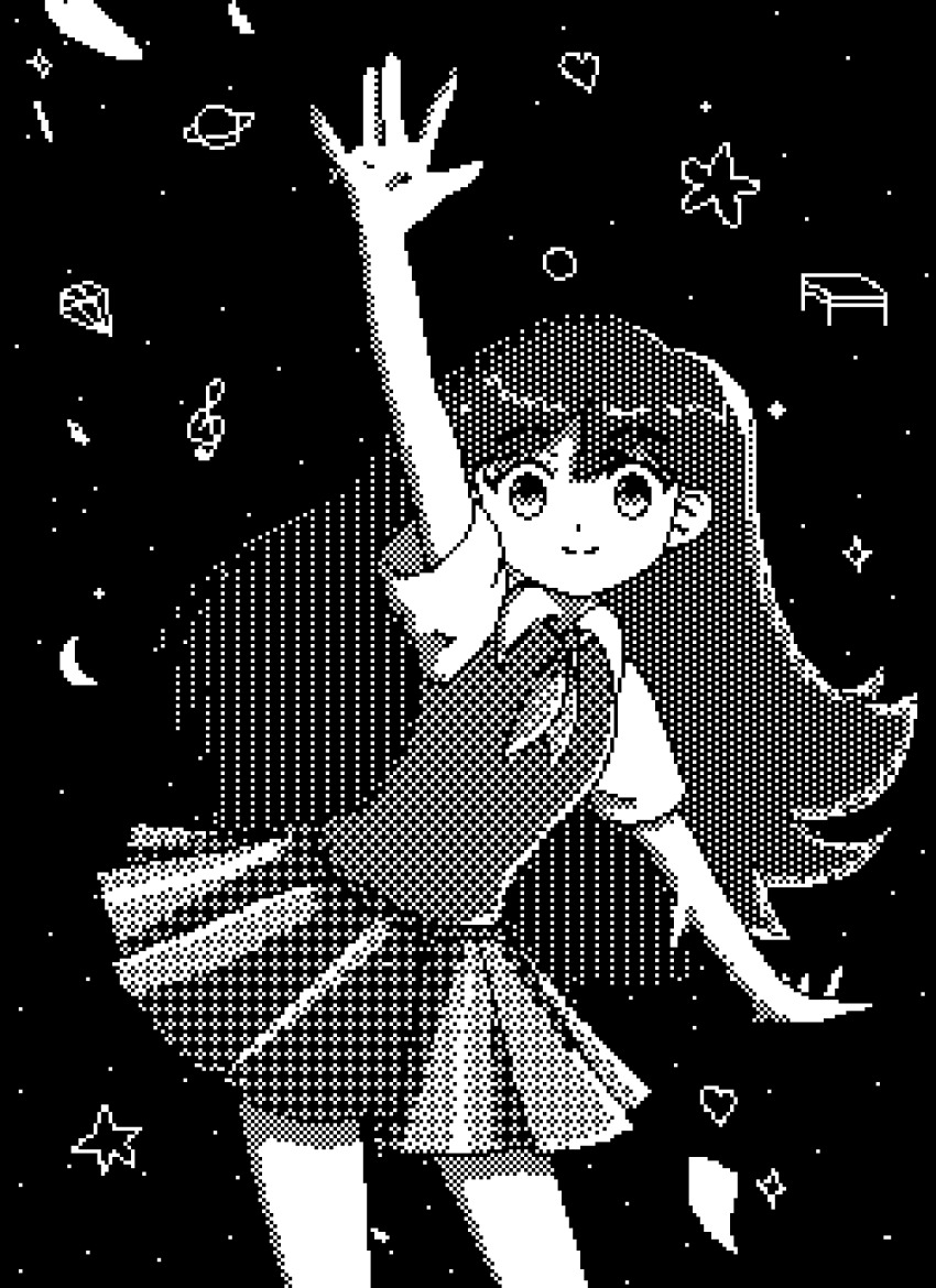 1girl animated animated_gif arm_up blinking closed_mouth collared_shirt deimiler greyscale highres long_hair mari_(headspace)_(omori) mari_(omori) monochrome neckerchief omori one_eye_closed open_mouth pixel_art pleated_skirt shirt short_sleeves skirt smile solo winking_(animated)