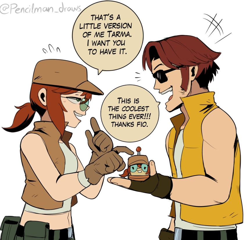 1boy 1girl blue_eyes breasts brown_gloves brown_hair brown_vest buck_teeth commentary crop_top cropped_vest english_commentary english_text fingerless_gloves fio_germi flying_sweatdrops gloves highres medium_breasts metal_slug open_mouth pencilman_draws plants_vs_zombies pointing ponytail potato_mine_(plants_vs_zombies) pouch smile sunglasses tarma_roving teeth twitter_username vest yellow_vest