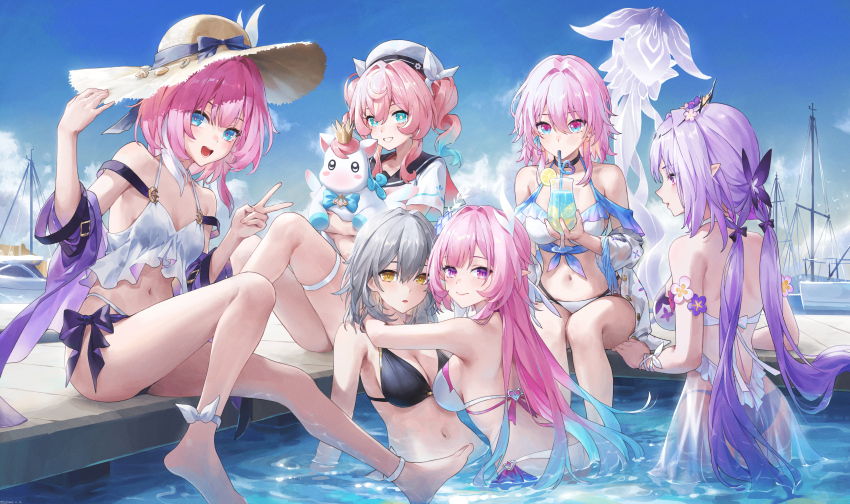 6+girls absurdres alternate_costume aqua_hair bare_shoulders bikini black_sailor_collar blue_eyes blue_sky castorice_(honkai:_star_rail) chinese_commentary closed_mouth commentary_request cropped_shirt cyrene_(aedes_elysiae)_(honkai:_star_rail) cyrene_(honkai:_star_rail) cyrene_(ripples_of_past_reverie)_(honkai:_star_rail) dual_persona gradient_hair grey_hair hat highres honkai:_star_rail honkai_(series) hyacine_(honkai:_star_rail) knee_up little_ica_(honkai:_star_rail) long_hair looking_at_another looking_at_viewer march_7th_(honkai:_star_rail) multicolored_eyes multicolored_hair multiple_girls navel open_mouth outdoors pink_hair pointy_ears purple_eyes sailor_collar shirt sitting sky smile stelle_(honkai:_star_rail) stomach sun_hat swimsuit swkl:d thigh_strap trailblazer_(honkai:_star_rail) v white_shirt yellow_eyes