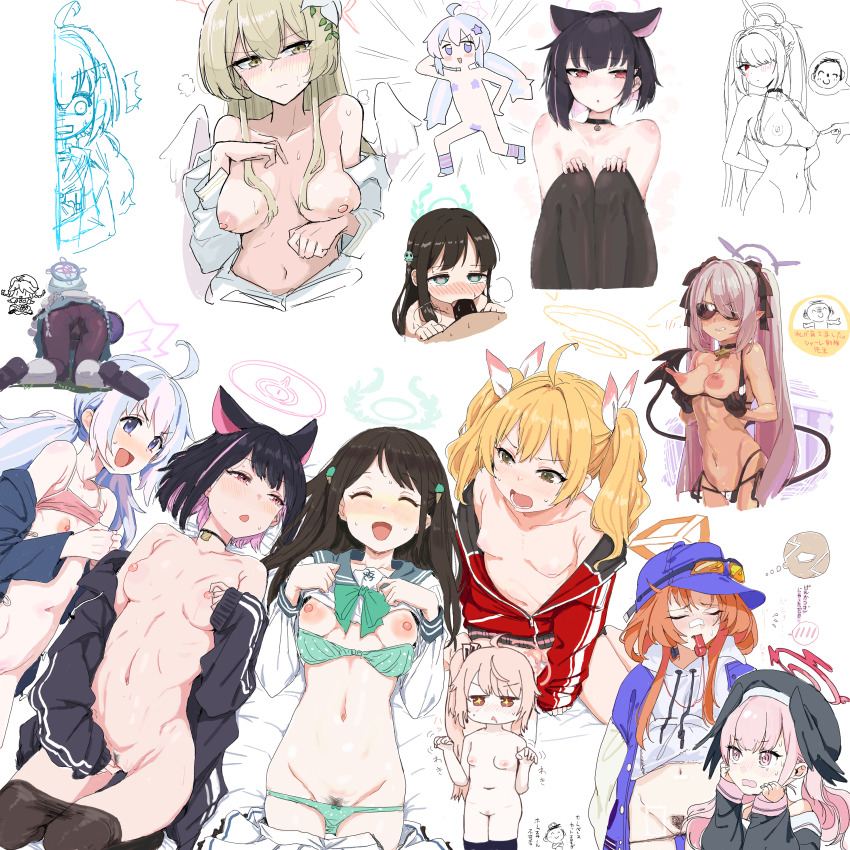 1boy 6+girls absurdres ahoge airi_(blue_archive) animal_ears artist_collaboration artist_request black_hair blonde_hair blue_archive blush breasts brown_eyes brown_hair cat_ears clearite closed_eyes collarbone colored_inner_hair doodle_sensei_(blue_archive) extra_ears female_masturbation food-themed_hair_ornament hair_ornament halo highres ice_cream_hair_ornament iori_(blue_archive) iori_(swimsuit)_(blue_archive) jacket kazusa_(blue_archive) kirino_(blue_archive) koharu_(blue_archive) long_hair long_sleeves lying masturbation medium_breasts multicolored_hair multiple_girls nagisa_(blue_archive) natsu_(blue_archive) navel negu_(pixiv_6519140) nipples on_back open_mouth pink_eyes pink_hair red_jacket rei_(blue_archive) reisa_(blue_archive) sensei_(blue_archive) short_hair side_ponytail small_breasts sunglasses track_jacket twintails two-tone_hair unadon_(unadoom) yoshimi_(blue_archive)