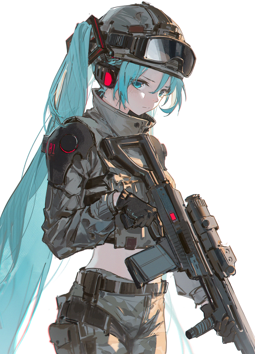 1girl absurdres alternate_costume ammunition_pouch aqua_eyes aqua_hair armor belt blue_eyes blue_hair bulletproof_vest closed_mouth combat_helmet commentary contemporary cowboy_shot cropped_jacket dino_(dinoartforame) goggles goggles_on_headwear grey_helmet grey_jacket grey_pants gun hair_between_eyes hatsune_miku helmet highres holding holding_gun holding_weapon jacket light_blush long_hair looking_at_viewer midriff pants popped_collar pouch shoulder_armor sidelighting sidelocks simple_background solo symbol-only_commentary three_quarter_view twintails very_long_hair vocaloid weapon weapon_request white_background