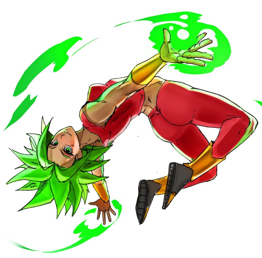 1girl ass crop_top dragon_ball dragon_ball_fighterz dragon_ball_super earrings energy_blast green_hair highres jewelry kefla_(dragon_ball) looking_at_viewer muscular muscular_female pants potara_earrings raph_mavrost saiyan simple_background solo spiked_hair super_saiyan