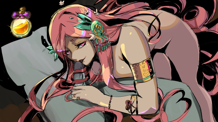 1boy 1girl aphrodite_(hades) bent_over bracelet breasts completely_nude erection fellatio gold_bracelet golden_armlet hades_(series) hades_1 hetero highres large_breasts licking licking_penis long_hair nude oral out_of_frame pd_(pdpdlv1) penis penis_grab pink_eyes pink_hair pink_lips solo_focus standing straight_hair tongue tongue_out very_long_hair