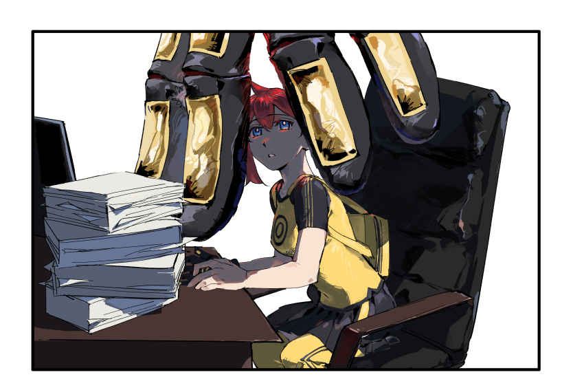 1girl aiba_ami alphamon armor black_armor black_shirt black_skirt blue_eyes commentary_request dawu233 digimon digimon_(creature) digimon_story:_cyber_sleuth full_body giant_hand highres implied_yuri knight kuremi_kyouko pleated_skirt red_hair shirt side_ponytail simple_background skirt thighhighs two-tone_shirt white_background yellow_shirt yellow_thighhighs