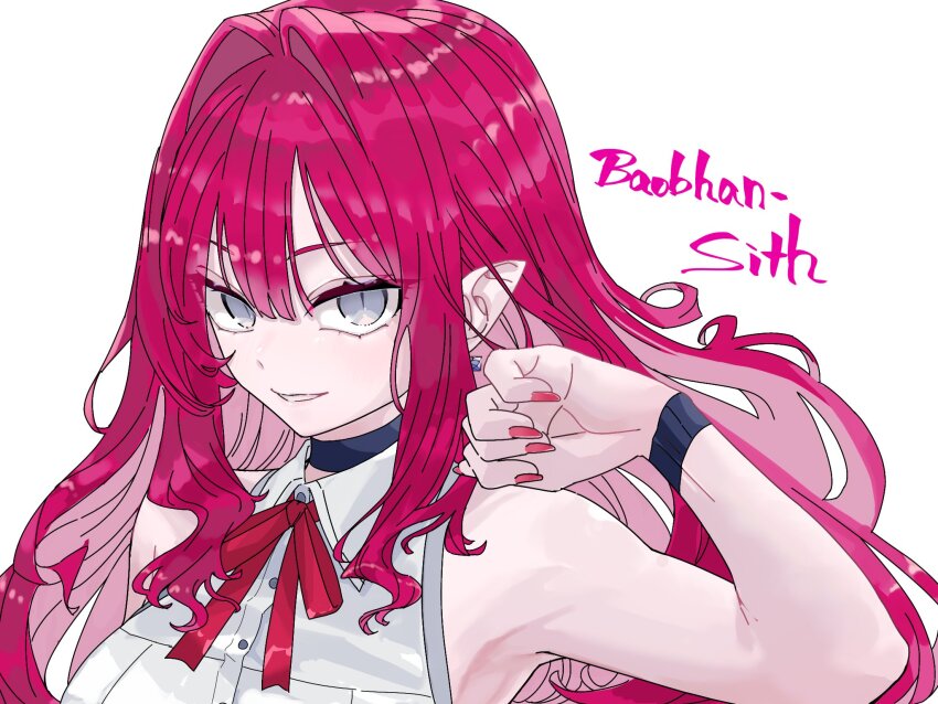 1girl baobhan_sith_(fate) breasts character_name choker fate/grand_order fate_(series) grey_eyes hand_up highres long_hair looking_at_viewer niwaikanai pink_hair pink_nails pointy_ears sidelocks smile solo upper_body white_background