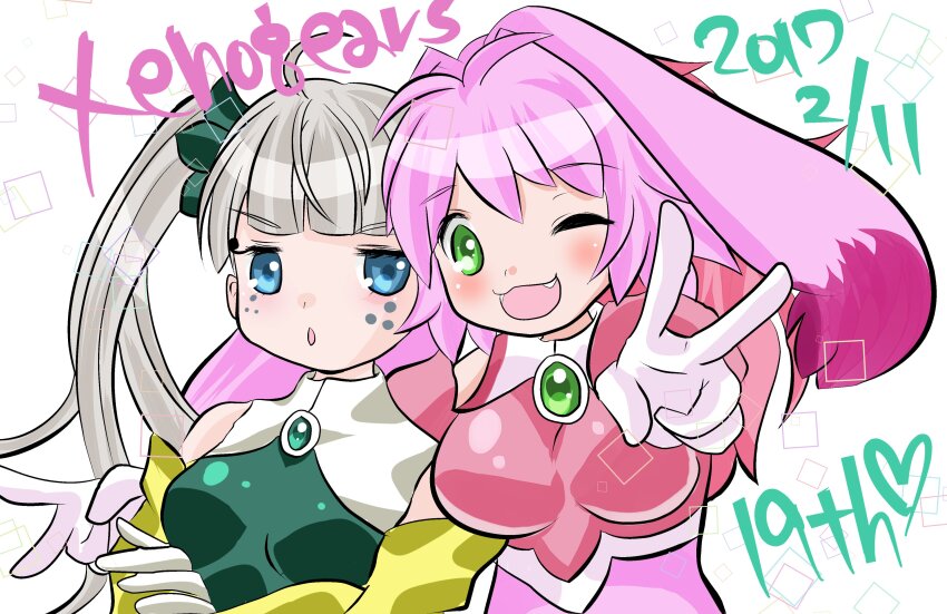2girls absurdres animal_ears blue_eyes boriso breasts dated double_v colored_bangs gloves green_eyes highres long_hair looking_at_viewer medium_breasts multiple_girls one_eye_closed open_mouth pink_hair protected_link rabbit_ears seraphita_(xenogears) small_breasts smile tolone_(xenogears) twintails v white_hair xenogears