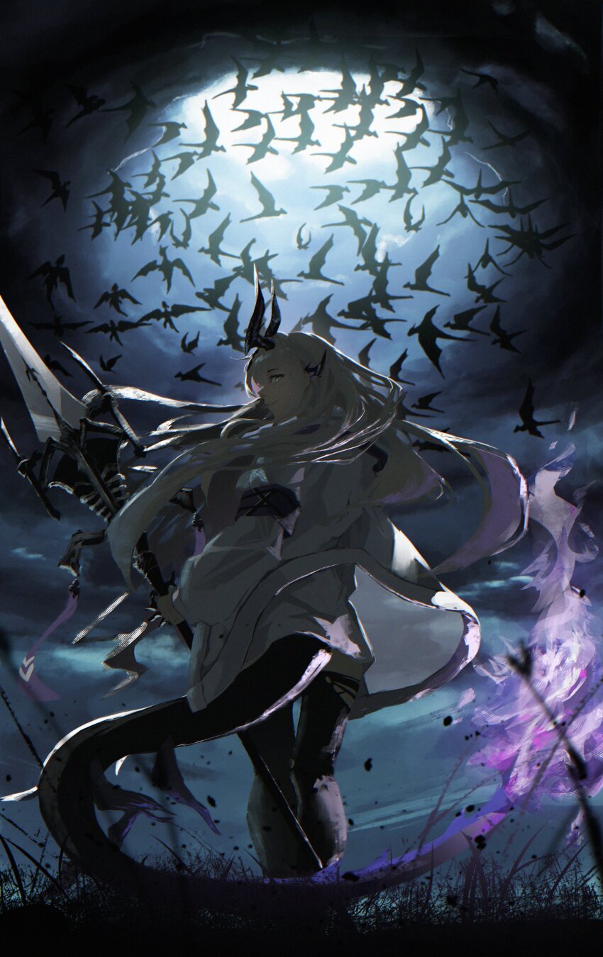 1girl absurdres animal aqua_eyes arknights armband bird black_armband black_bird black_horns black_pantyhose black_tail cloud crow fire flame-tipped_tail from_behind full_body hashtag-only_commentary highres holding horns jacket long_hair long_sleeves looking_at_viewer looking_back necrass_(arknights) night outdoors pantyhose purple_fire shikyou_yoru solo standing tail too_many too_many_birds tornado turning_head white_hair white_jacket wind