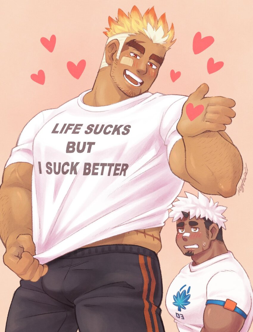 2boys akiha_gongen_(housamo) bandaid bandaid_on_cheek bandaid_on_face bandaid_on_nose bara black_hair black_pants blonde_hair blush bulge burn_scar commentary cowboy_shot dark-skinned_male dark_skin english_commentary facial_hair goatee heart highres horns large_pectorals looking_at_another loving_aura male_focus multicolored_hair multiple_boys muscular muscular_male mystar21 nervous_sweating open_mouth pants pectorals pink_background scar scar_on_face scar_on_hip shirt short_hair sideburns_stubble signature simple_background single_horn sparse_arm_hair stubble sweat tight_clothes tight_shirt tokyo_houkago_summoners two-tone_hair ulaanbaatar_(housamo) undercut veins veiny_arms white_hair white_shirt