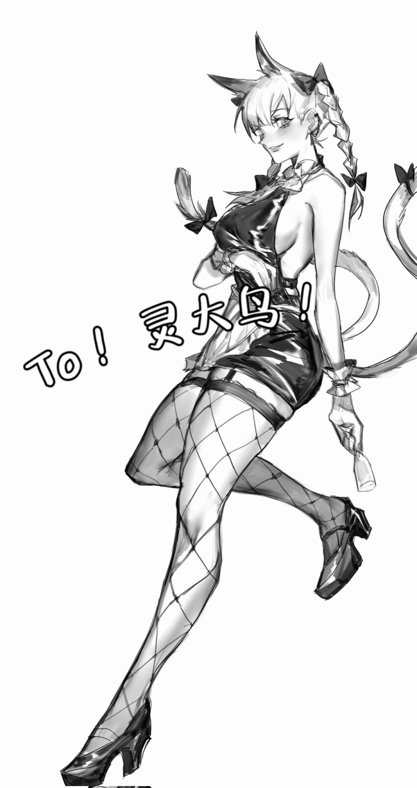 1girl animal_ears arm_under_breasts bare_shoulders blush bow braid breasts cat_ears cat_tail closed_mouth commentary_request ear_piercing earrings extra_ears eyelashes fishnet_thighhighs fishnets full_body garter_straps greyscale hair_between_eyes hair_ribbon heinrich_(fernanderuddle) high_heels highres holding jewelry kaenbyou_rin large_breasts long_hair looking_at_viewer monochrome multiple_tails nekomata parted_lips piercing ribbon sideboob simple_background smile solo standing standing_on_one_leg tail tail_bow tail_ornament thighhighs touhou tress_ribbon twin_braids two_tails white_background wrist_cuffs