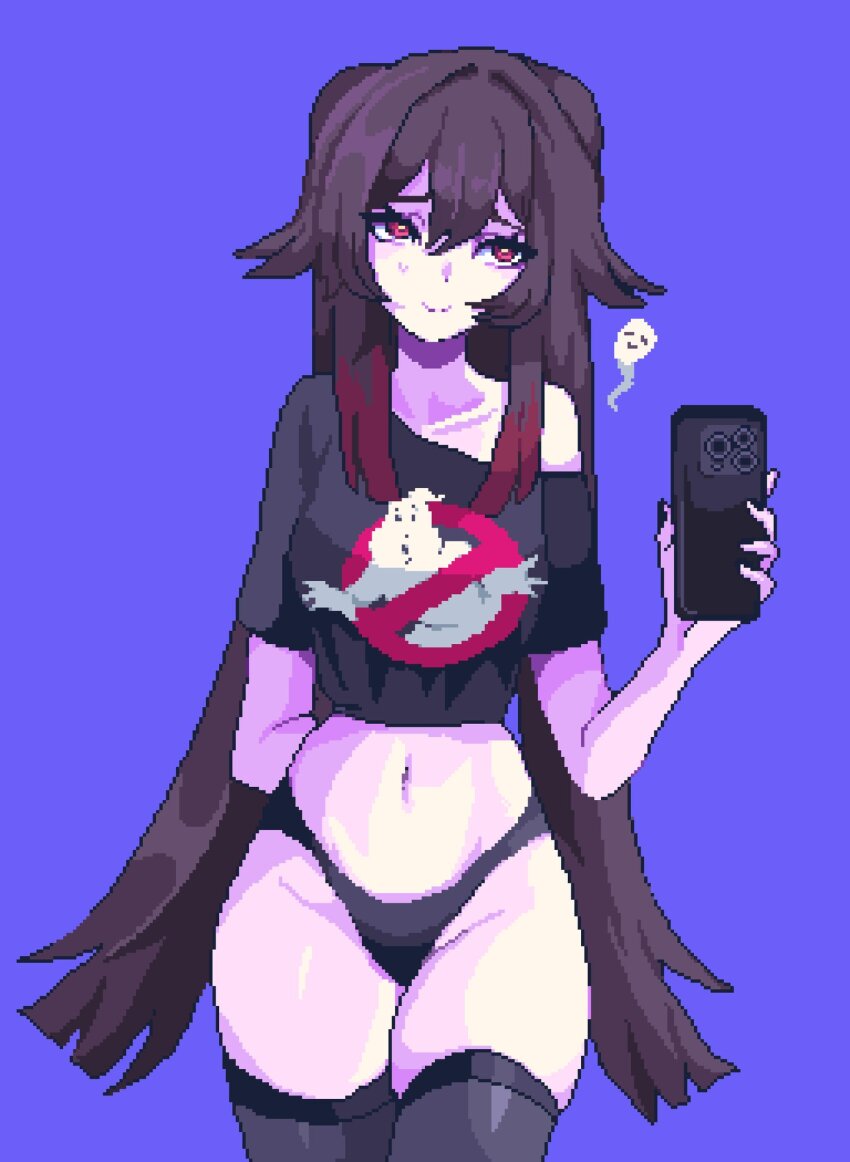 1girl black_nails boo_tao_(genshin_impact) brown_hair genshin_impact ghost highres holding holding_phone hu_tao_(genshin_impact) long_hair panties phone pixel_art pixelcadete red_eyes sidelocks simple_background thighs twintails underwear