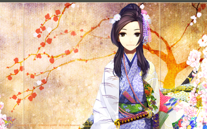 1girl bad_id bad_pixiv_id black_hair branch calm character_request copyright_name dated facing_viewer female_focus flower folding_screen hair_ornament hand_fan highres japanese_clothes katana kimono leaf_print light_smile lips logo long_hair poaro ponytail sengoku_wars sheath sheathed solo sword tree weapon yellow_eyes