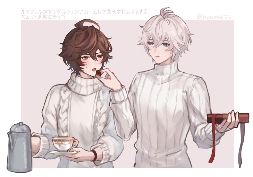 2boys ahoge blue_eyes blush box brown_hair candy chocolate chocolate_heart coffee coffee_maker commentary_request cup feeding food granblue_fantasy hair_between_eyes heart heart-shaped_food highres holding holding_box kettle lucifer_(shingeki_no_bahamut) male_focus messy_hair momeme55 multiple_boys red_eyes ribbed_sweater sandalphon_(granblue_fantasy) sandalphon_(valentine)_(granblue_fantasy) short_hair simple_background smile sweat sweater teacup translation_request turtleneck turtleneck_sweater upper_body valentine white_hair white_sweater yaoi