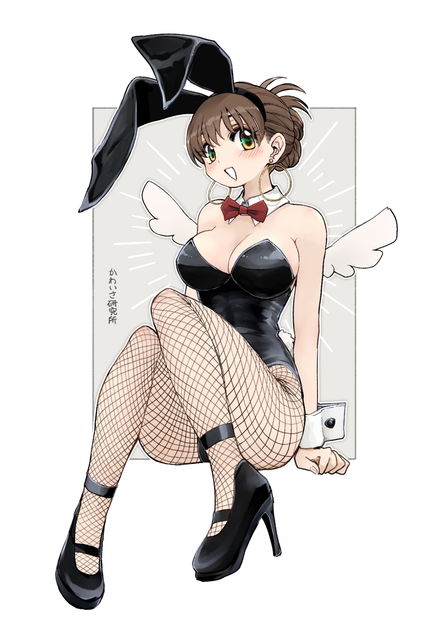 1girl animal_ear_hairband animal_ears azumaya_toushirou black_leotard black_shoes border bow bowtie breasts brown_eyes brown_hair character_request check_copyright collar commentary copyright_request earrings emphasis_lines fake_animal_ears fake_tail fishnets grey_background hairband hairstyle_request high_heels highres jewelry knees_together_feet_apart large_breasts leotard light_blush open_mouth original playboy_bunny rabbit_ears rabbit_tail red_bow red_bowtie shoes short_hair simple_background sitting smile solo strapless strapless_leotard tail translation_request white_border white_collar white_wrist_cuffs wings wrist_cuffs
