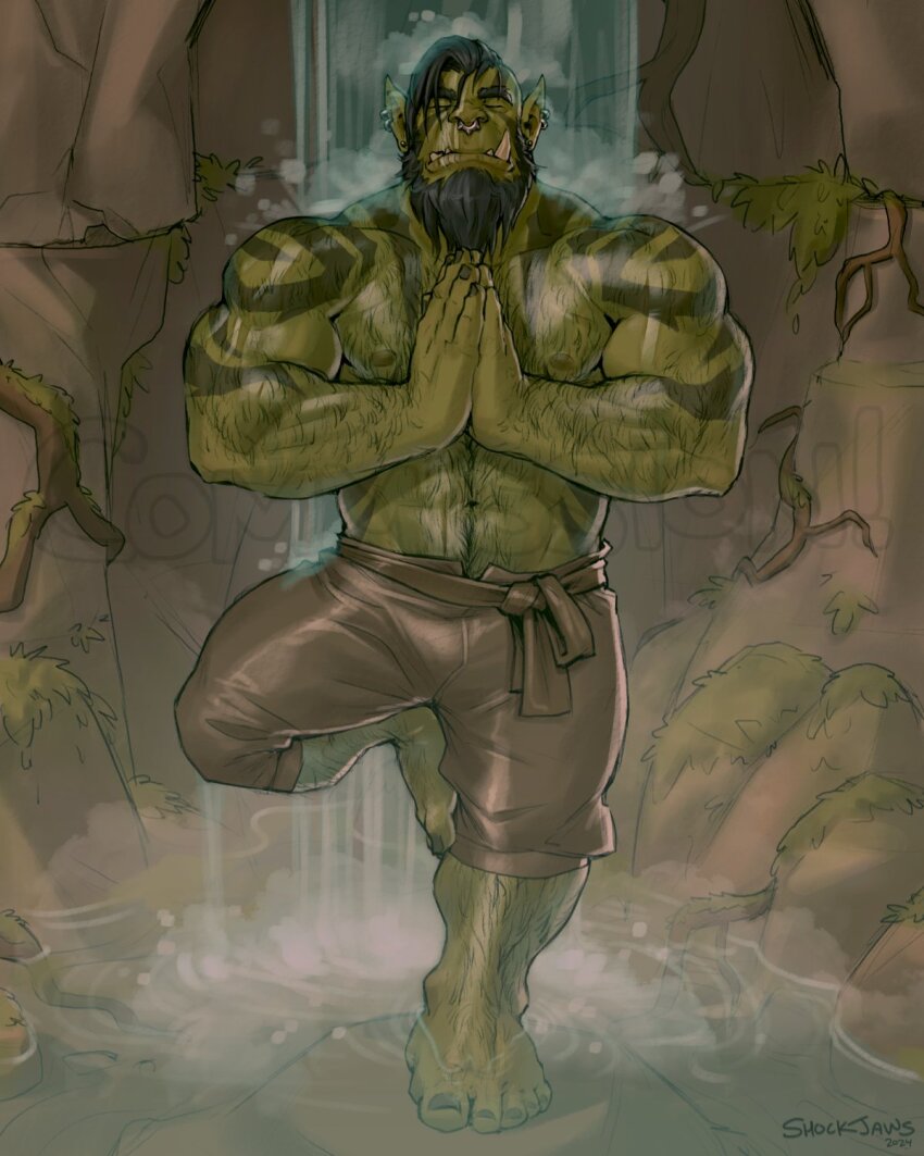 1boy abs bara beard bulge closed_eyes colored_skin concentrating facial_hair fantasy full_beard full_body green_skin hairy highres large_pectorals male_focus mature_male monster_boy muscular muscular_male nipples orc original palms_together pectorals pointy_ears short_hair solo standing standing_on_one_leg stomach strongman_waist thick_arm_hair thick_chest_hair thick_eyebrows tim_(shockjaws) training tusks very_hairy waterfall_shower yoga