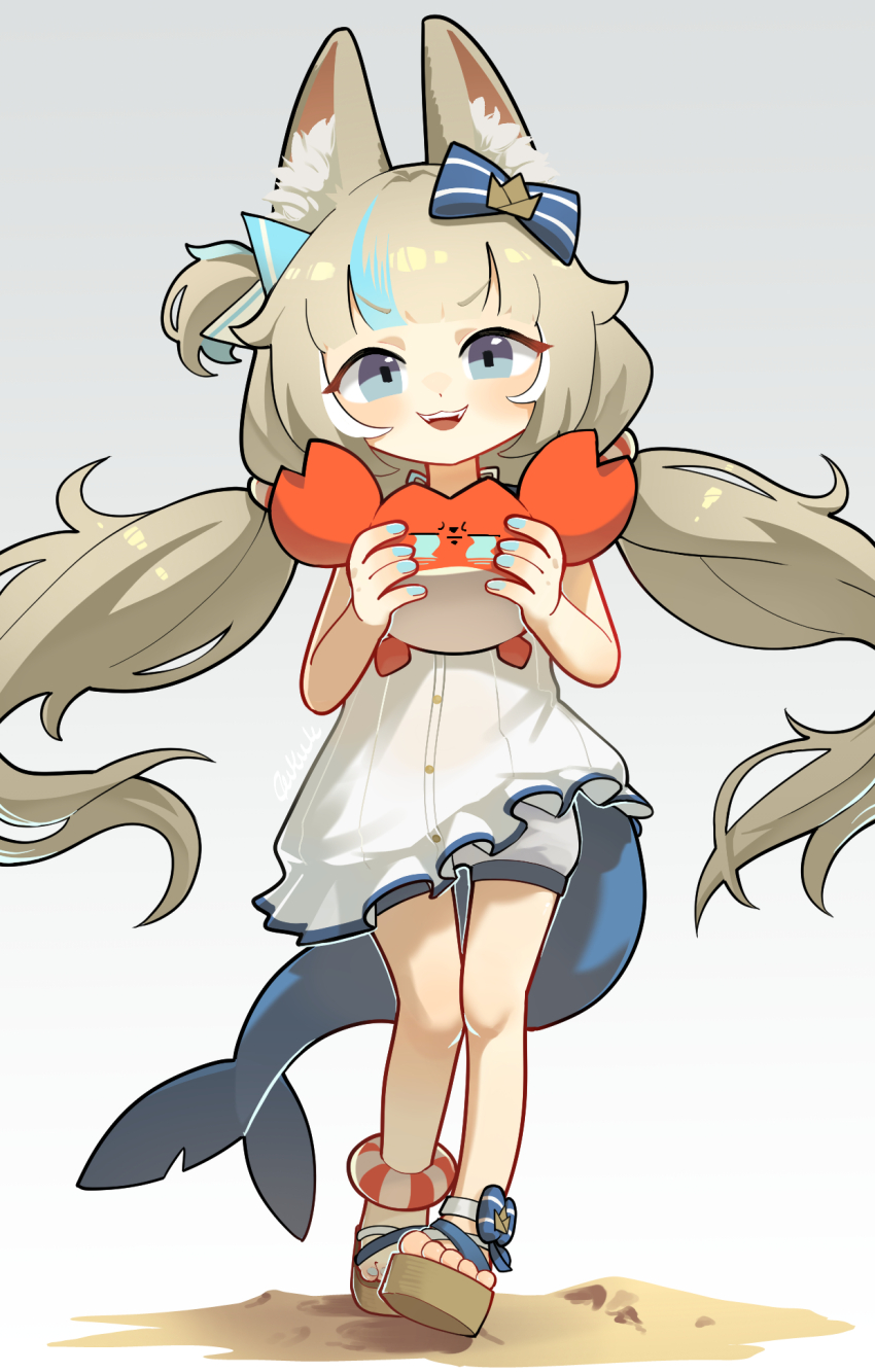 1girl :d animal animal_ear_fluff animal_ears anklet blonde_hair blue_bow blue_eyes blue_hair blue_nails bow cat_ears crab crying daku_k deformed dress fins fish_tail full_body grey_background hair_bow highres holding holding_animal indie_virtual_youtuber jewelry kaniki_(sameko_saba) long_hair looking_at_viewer low_twintails multicolored_hair open_mouth sameko_saba sand sandals smile solo streaked_hair streaming_tears tail tears twintails very_long_hair virtual_youtuber white_dress
