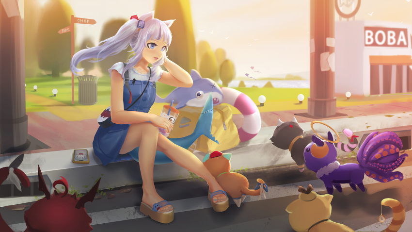 1girl animal_ears animalization bag bloop_(gawr_gura) blue_eyes blue_nails cat cat_ears cellphone cglas cup disposable_cup dress drinking_straw gawr_gura gawr_gura_(casual) hair_bobbles hair_ornament halo hand_up handbag highres hololive hololive_english holomyth innertube irys_(hololive) kite long_hair mori_calliope multicolored_hair nail_polish ninomae_ina&#039;nis phone pinafore_dress platform_clogs sandals sidelocks sign sitting sleeveless sleeveless_dress streaked_hair stuffed_animal stuffed_shark stuffed_toy swim_ring takanashi_kiara toenail_polish toenails trash_can tree virtual_youtuber watson_amelia white_hair