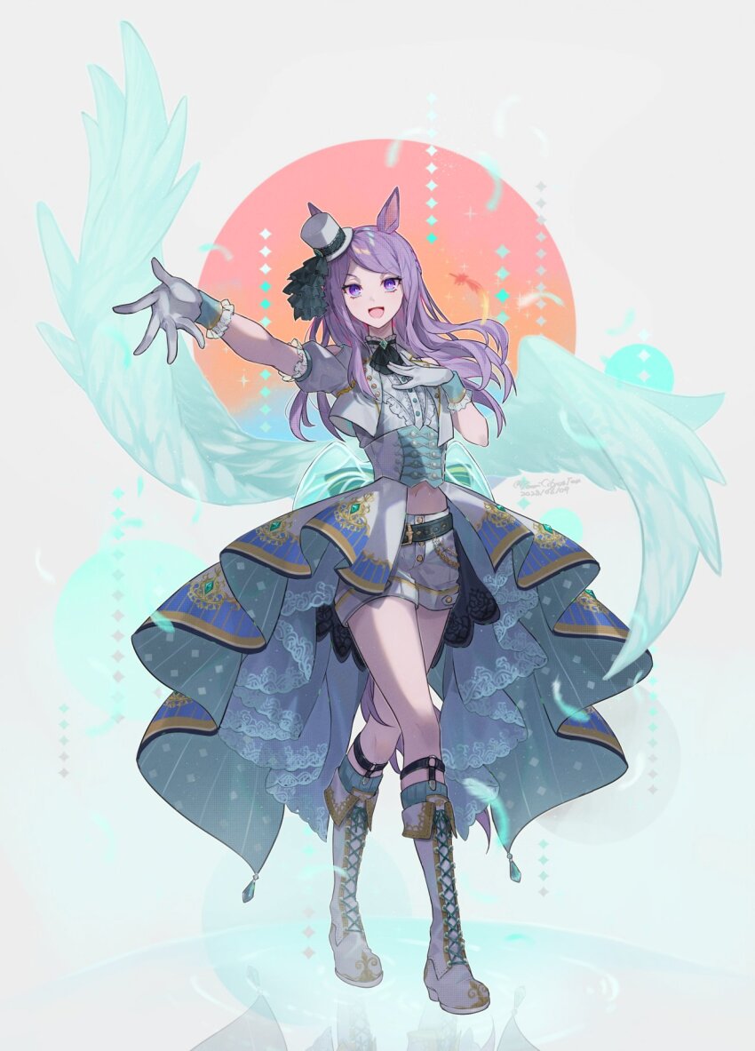 1girl animal_ears ascot boots center_frills corset cropped_jacket feathers flat_chest frills full_body gloves green_ascot green_socks hand_on_own_chest hat highres horse_ears horse_girl horse_tail jacket legwear_garter long_hair mejiro_mcqueen_(end_of_sky)_(umamusume) mejiro_mcqueen_(umamusume) midriff mini_hat mini_top_hat navel outstretched_arm purple_hair shirt short_shorts short_sleeves shorts socks solo standing tail top_hat umamusume white_boots white_gloves white_jacket white_shirt white_shorts wings youmicitrustea