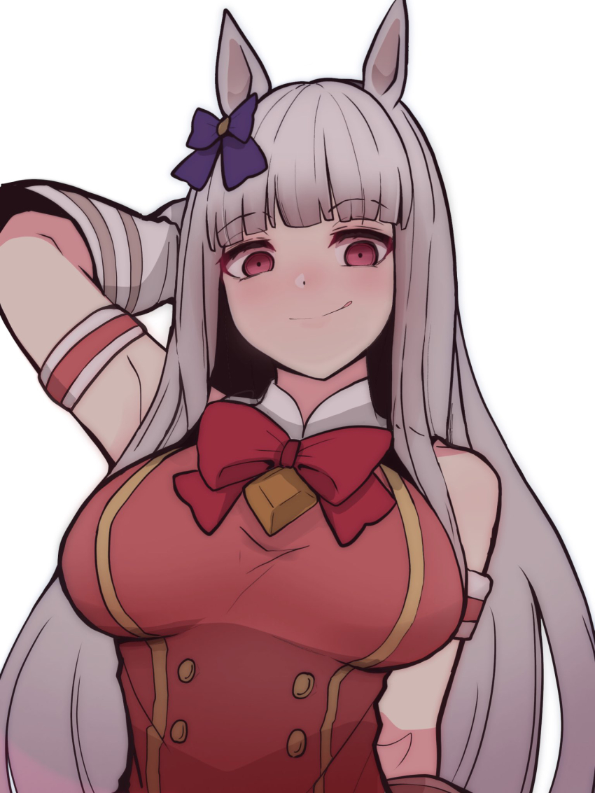 1girl animal_ears arm_behind_head arm_strap arm_support arm_up blue_bow blunt_bangs bow bowtie breasts closed_mouth dress ear_bow gloves gold_ship_(umamusume) grey_hair highres horse_ears horse_girl kawamochi_(tddm3573) large_breasts long_hair looking_at_another red_bow red_bowtie red_dress red_eyes simple_background smile solo umamusume very_long_hair white_background white_gloves
