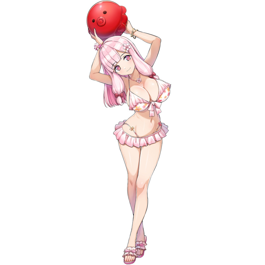 1girl ball beachball bikini blunt_bangs breasts cleavage closed_mouth crossed_legs crosshair crosshair_pupils dolphin_wave flower game_cg hair_flower hair_ornament head_tilt highres holding holding_ball large_breasts long_hair looking_at_viewer low-tied_sidelocks nacht_(dolphin_wave) navel non-web_source octopus octopus_hair_ornament official_art ootomo_takuji pink_bikini pink_eyes pink_flower pink_hair sandals sidelocks skirt smile solo standing swimsuit transparent_background