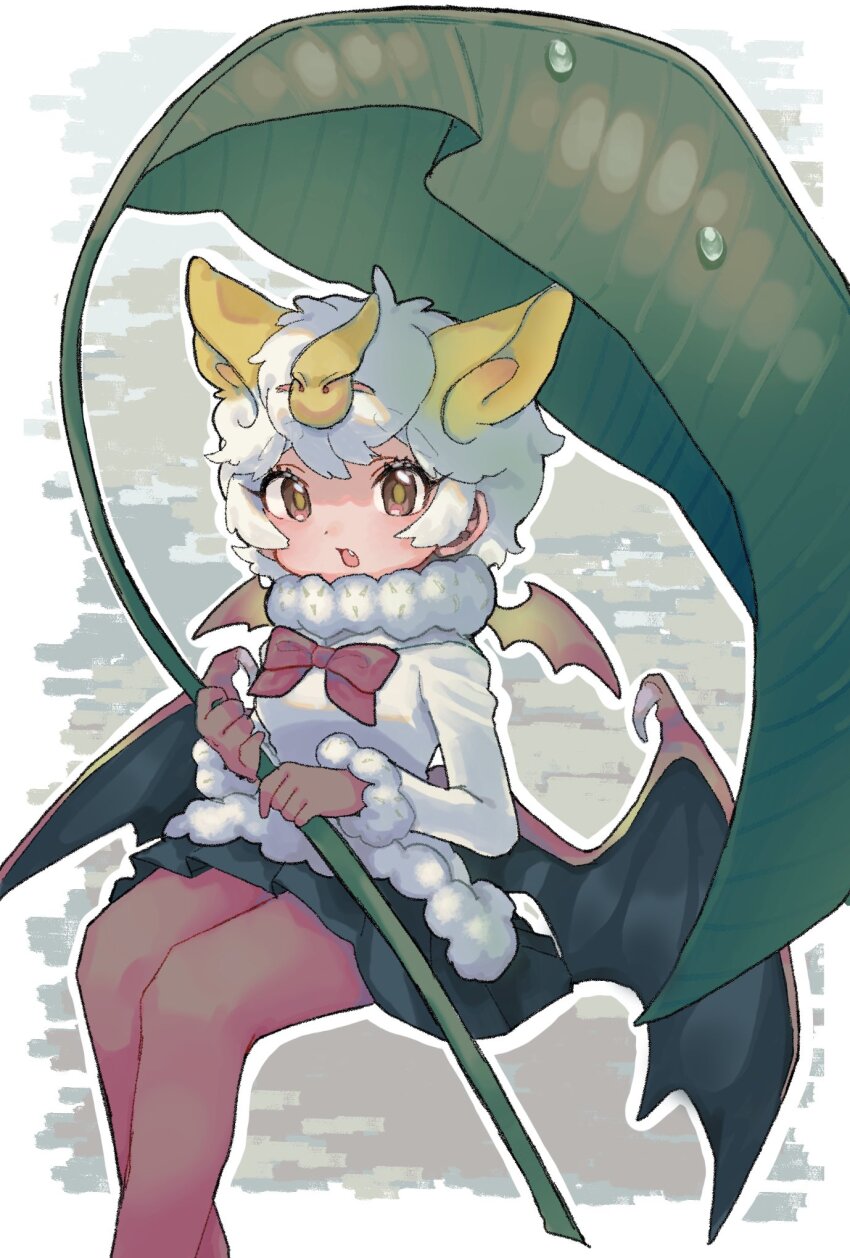 1girl animal_ears bat_ears bat_girl bat_wings black_skirt bow bowtie extra_ears fur_collar fur_trim gloves hair_between_eyes highres honduran_white_bat_(kemono_friends) kemono_friends leaf_umbrella long_sleeves pantyhose pink_gloves pink_pantyhose pleated_skirt red_bow red_bowtie shimazoenohibi shirt short_hair sidelocks skirt solo white_fur white_hair white_shirt wings yellow_eyes