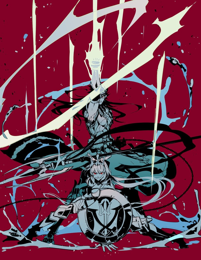 1boy 1girl animal_ears arm_up armor boots breasts caenis_(fate) caenis_(third_ascension)_(fate) chain fate/grand_order fate_(series) glowing glowing_hand grin highres koshiro_itsuki limited_palette long_hair polearm red_background red_eyes romulus_quirinus_(fate) shield smile trident weapon