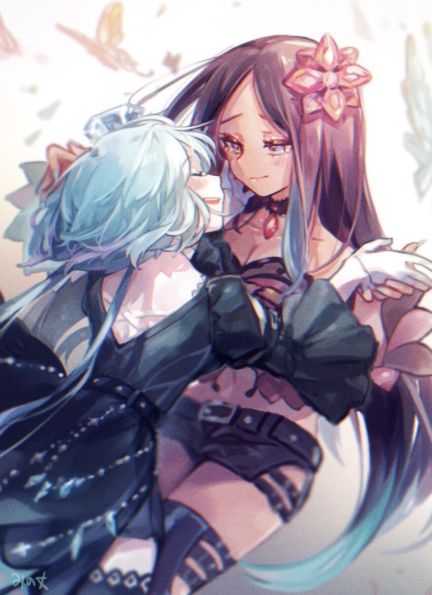 2girls aoki_lapis artist_name black_dress blue_hair blurry blurry_background brown_eyes brown_hair bug butterfly closed_eyes collarbone commentary crop_top dark_skin dress facing_another flower gem_hair_ornament gradient_hair hair_flower hair_ornament hand_on_another&#039;s_head highres holding_hands insect leaning_forward leaning_on_person long_hair looking_at_another merli_(vocaloid) mi_no_take multicolored_hair multiple_girls open_mouth pendant_choker short_hair short_shorts shorts siblings sisters smile very_long_hair vocaloid