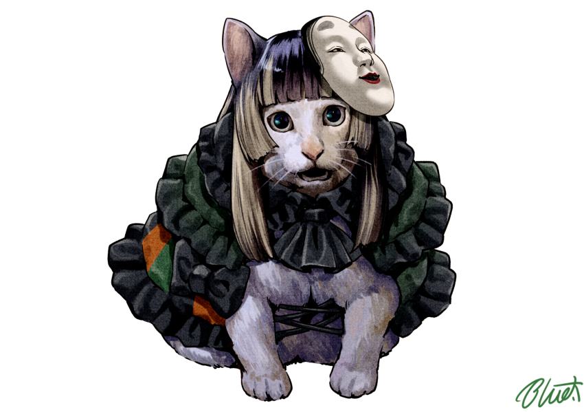 animal animal_ears animal_focus animalization black_hair blonde_hair blunt_bangs buru-dai cat clothed_animal commentary_request confused cross-laced_clothes cross-laced_dress dress frilled_dress frills gothic_lolita grey_cat hololive hololive_dev_is huh?_cat_(meme) juufuutei_raden juufuutei_raden_(1st_costume) lolita_fashion looking_at_viewer mask mask_on_head meme multicolored_hair no_humans noh_mask realistic signature simple_background sitting solo streaked_hair teeth two-tone_hair virtual_youtuber white_background