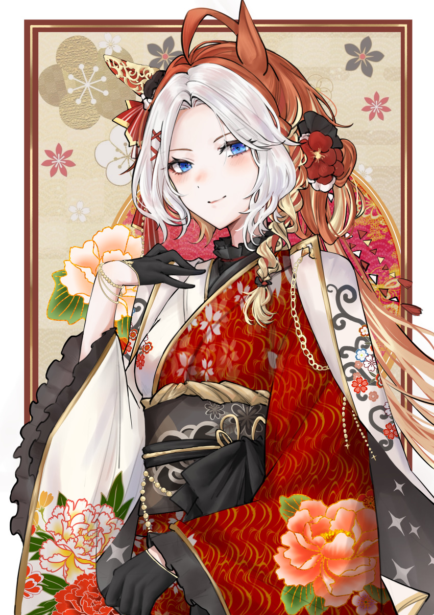 1girl absurdres aburi-gatana ahoge alternate_costume animal_ears black_gloves blue_eyes border bracelet brown_hair commentary_request ear_covers ear_ornament floral_background floral_print floral_print_kimono gloves hair_ornament half_gloves highres horse_ears horse_girl japanese_clothes jewelry kimono long_hair long_sleeves multicolored_hair obi orfevre_(umamusume) parted_bangs print_kimono red_kimono sash single_ear_cover smile solo streaked_hair thighhighs two-tone_kimono umamusume upper_body very_long_hair white_border white_hair white_kimono wide_sleeves
