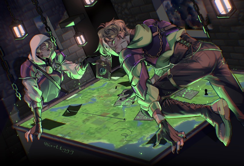 2boys adapted_costume armor black_gloves blonde_hair boots chain chinese_commentary commentary_request corset dream_(youtuber) dream_smp eye_of_ender fingerless_gloves frilled_thigh_strap gloves glowing glowing_eyes green_eyes green_hoodie highres holding hood hood_down hood_up hoodie indoors irrrttg jewelry lantern male_focus map mask minecraft minecraft_youtube multiple_boys necklace pants punz scar short_hair signature smiley_face thigh_strap white_hoodie