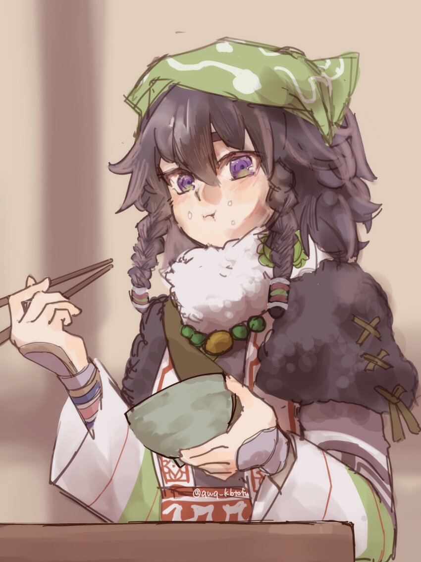 1girl :i ainu_clothes bead_necklace beads black_hair blush bowl braid chopsticks closed_mouth eating food food_on_face hair_between_eyes headscarf highres holding holding_bowl holding_chopsticks jewelry looking_at_viewer necklace pilika_(rune_factory) purple_eyes qwq_kbtofu rice rice_on_face rune_factory rune_factory:_guardians_of_azuma side_braids solo twitter_username upper_body
