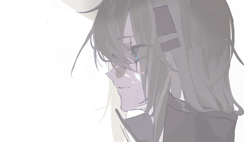 1girl absurdres arknights black_jacket blue_eyes closed_mouth eyes_visible_through_hair from_side grey_hair hair_ornament hairclip highres jacket kuma_(yoooooooo152) lappland_(arknights) long_hair portrait profile scar scar_across_eye scar_on_face simple_background solo white_background