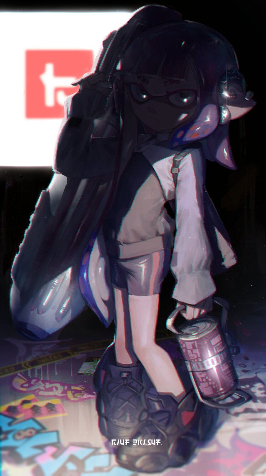 1girl absurdres arm_up asymmetrical_hair ballpoint_splatling_(splatoon) bike_shorts black_jacket black_shoes black_shorts blue_hair blunt_bangs can chromatic_aberration closed_mouth drink_can earpiece expressionless eyebrow_cut full_body glint gradient_hair grey_eyes highres holding holding_can holding_weapon ink_tank_(splatoon) inkling inkling_(language) inkling_girl inkling_player_character jacket light_particles long_hair long_sleeves looking_at_viewer multicolored_hair multicolored_jacket nintendo no_(13_10_1230) purple_hair shoes shorts sneakers solo splatoon_(series) standing suction_cups tentacle_hair toni_kensa_(splatoon) two-tone_hair two-tone_jacket very_long_hair weapon white_jacket